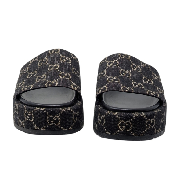 Gucci Jacquard Black Denim GG Monogram Angelina Platform Slide Sandal EU 38.5 - Picture 5 of 14